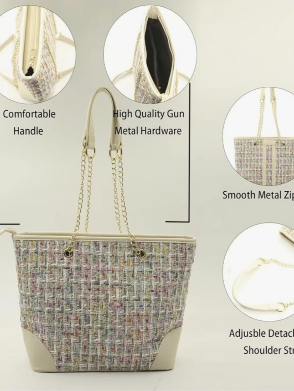 Pink Multicolor Tweed Tote Shoulder Bag with Gold Chain Straps - Picture 4 of 4